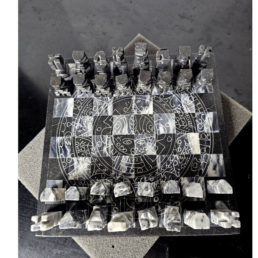 COLLECTOR CHESS SET. 7.5 Inch MAYAN HAND CARVED STONE CHESS BOARD. HANDMADE